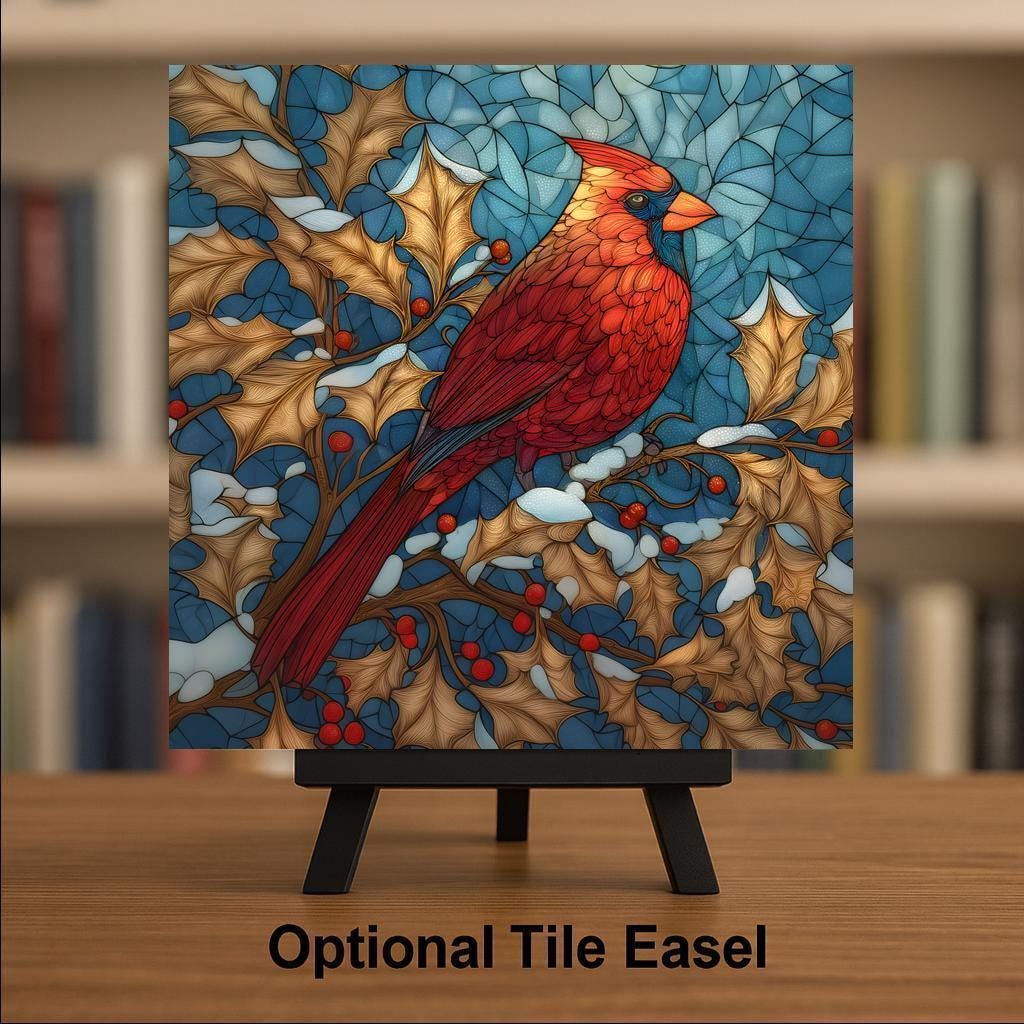 Cardinal Ceramic Tile Wall Art - Stained Glass Red Bird Winter Holiday Nature Woodland Home Decor Gift