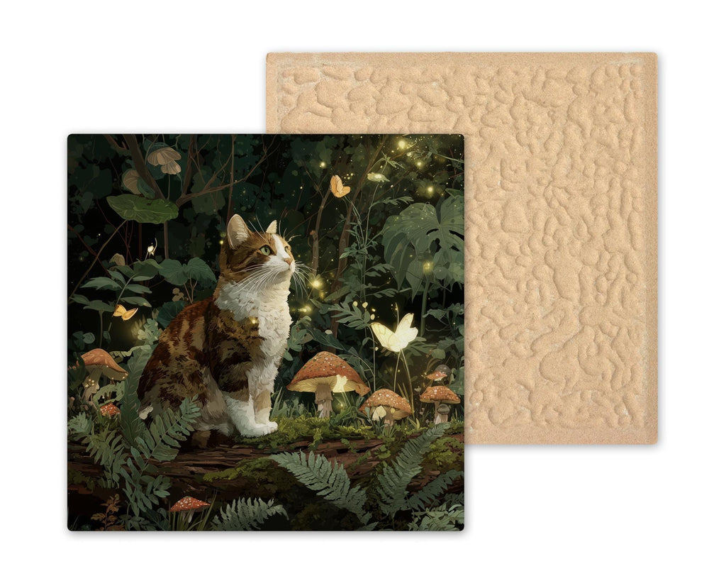Woodland cat stained glass style wall art ceramic tile with mushrooms, fireflies, and butterflies. A glowing enchanted forest design for nature lovers and pet enthusiasts. Optional tile wall hanger, easel tile stand, or cork backing available.