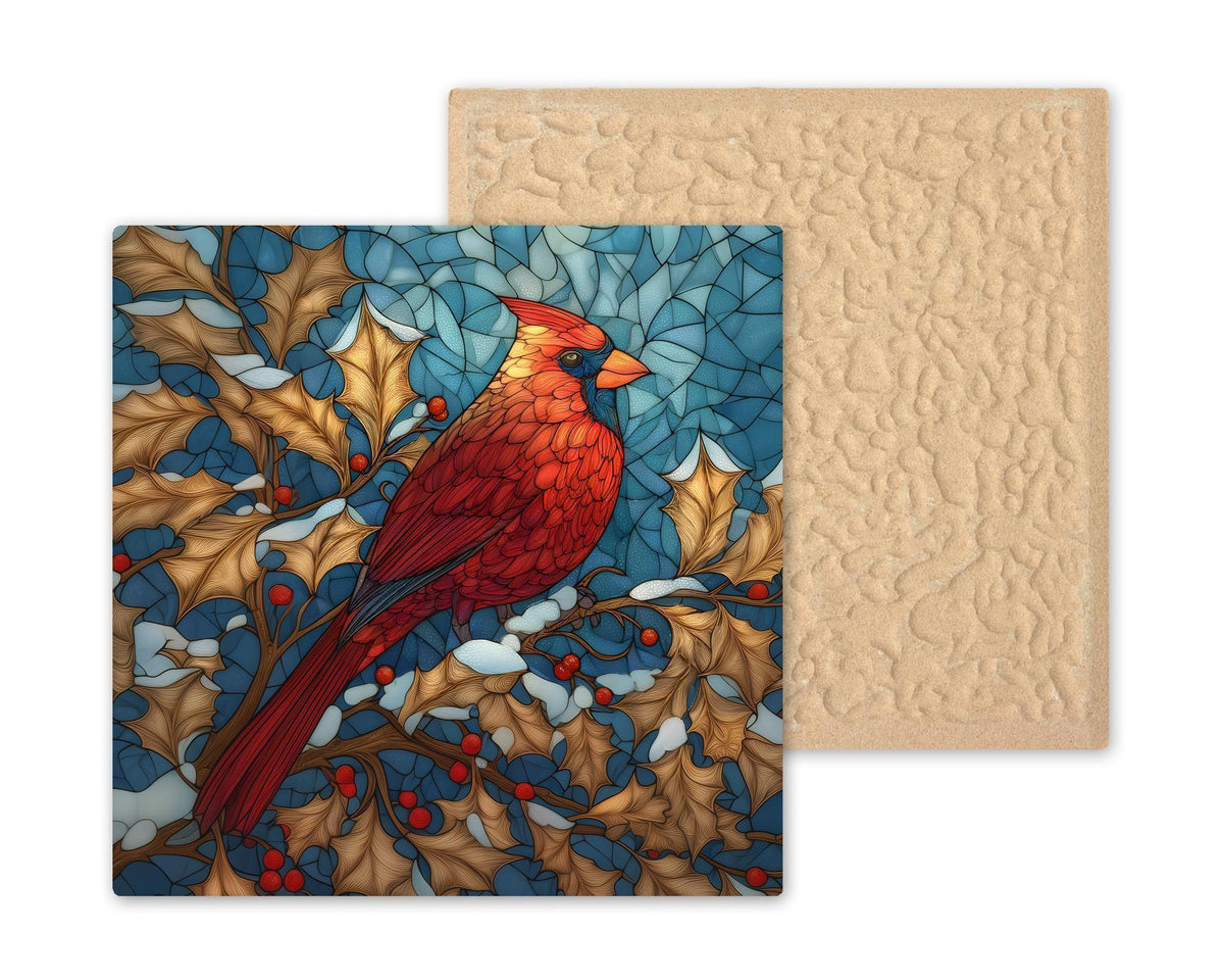 Cardinal Ceramic Tile Wall Art - Stained Glass Red Bird Winter Holiday Nature Woodland Home Decor Gift