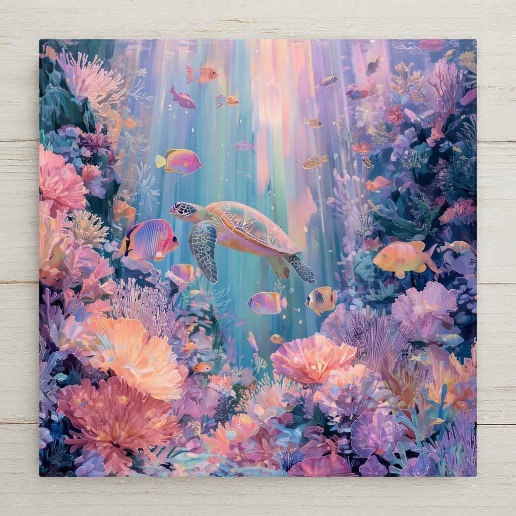 Graceful sea turtle stained glass style wall art ceramic tile with colorful coral reef and tropical fish. Perfect for coastal, nautical, and ocean decor. A luminous underwater design ideal for beach cottages and turtle lovers. Optional tile wall hanger, easel tile stand, or cork backing available.