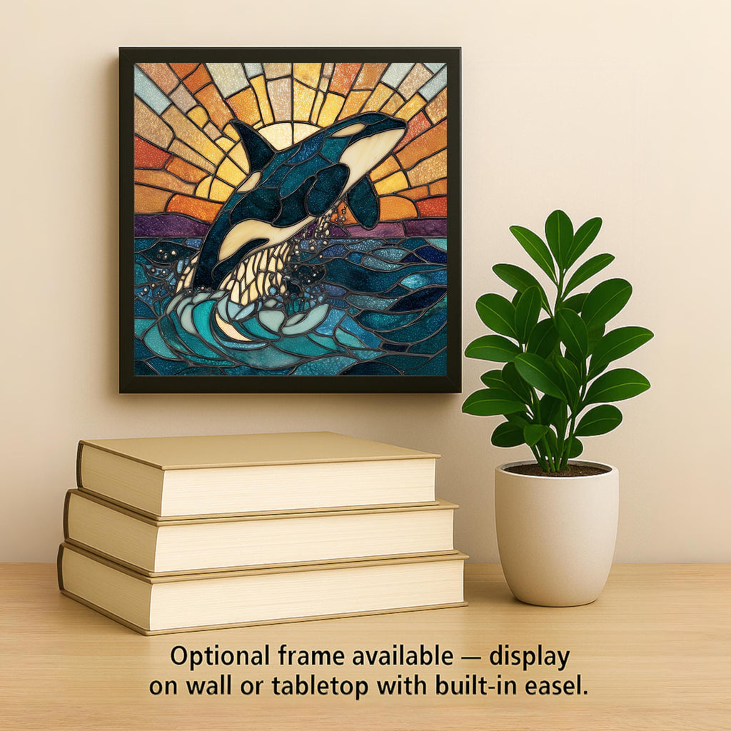 Orca Whale Wall Art Ceramic Tile Stained Glass Style Coastal Sunset Decor Killer Whale Ocean Nature Gift Tile