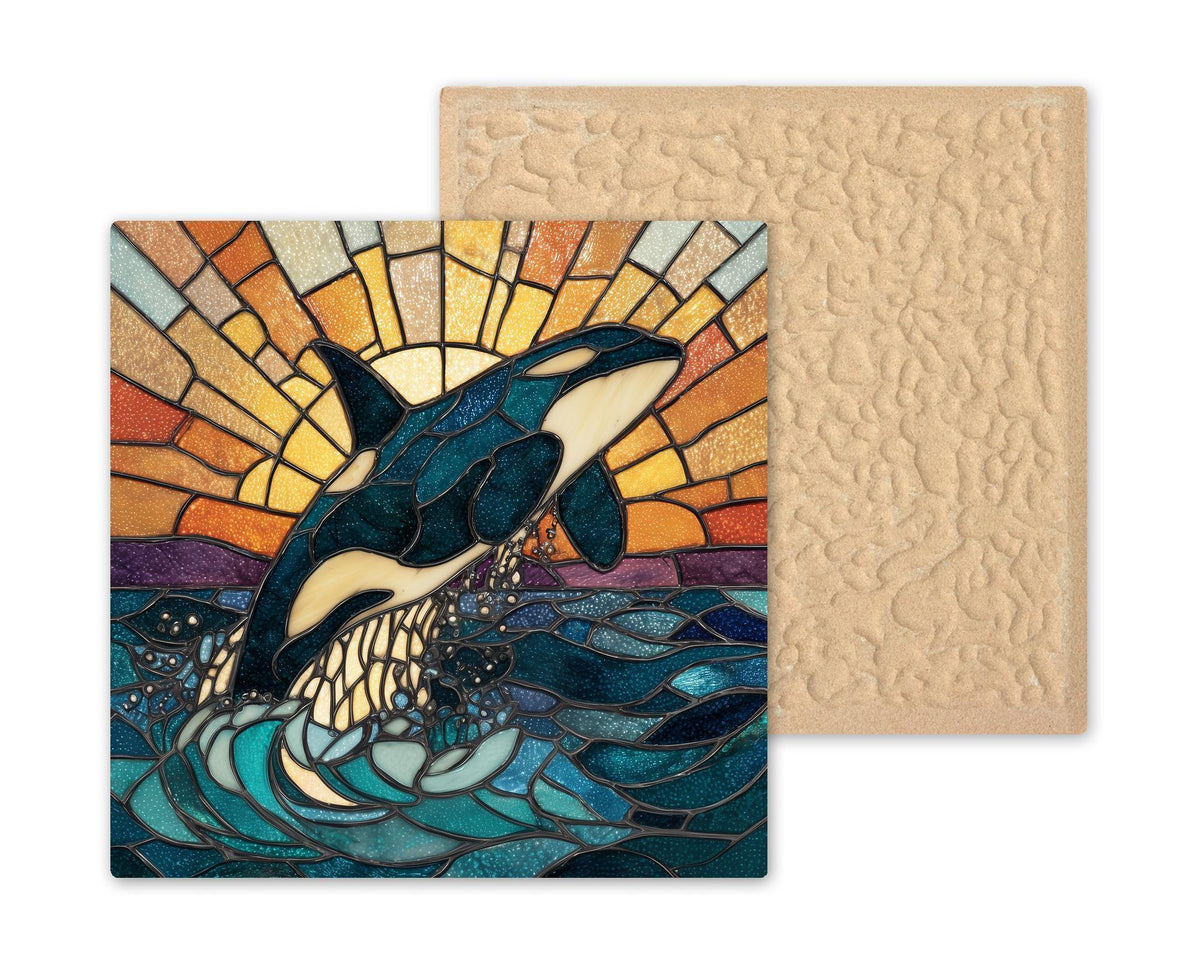 Orca Whale Wall Art Ceramic Tile Stained Glass Style Coastal Sunset Decor Killer Whale Ocean Nature Gift Tile