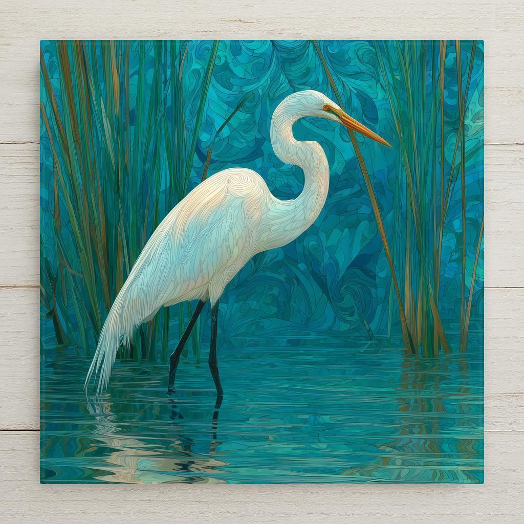 White Egret in Reeds ceramic tile wall art with soft teal and cream tones. Perfect for coastal wall decor or beach home decor. Optional frame, wall hanger, easel, or cork backing available.