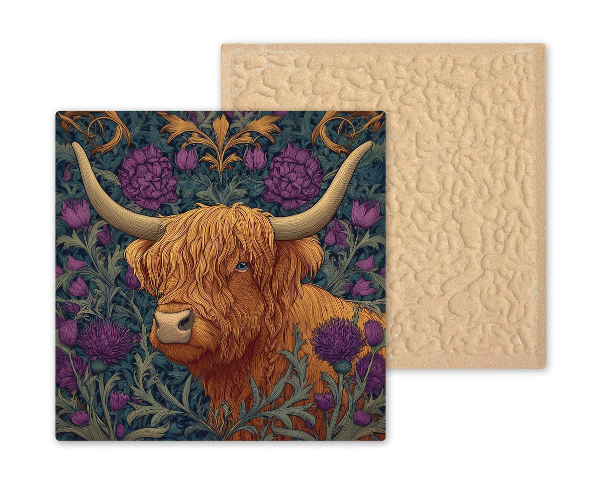Highland Cow William Morris Style Ceramic Art Tile – Scottish Thistle Tapestry Wall Decor, Folk Art Farmhouse Accent