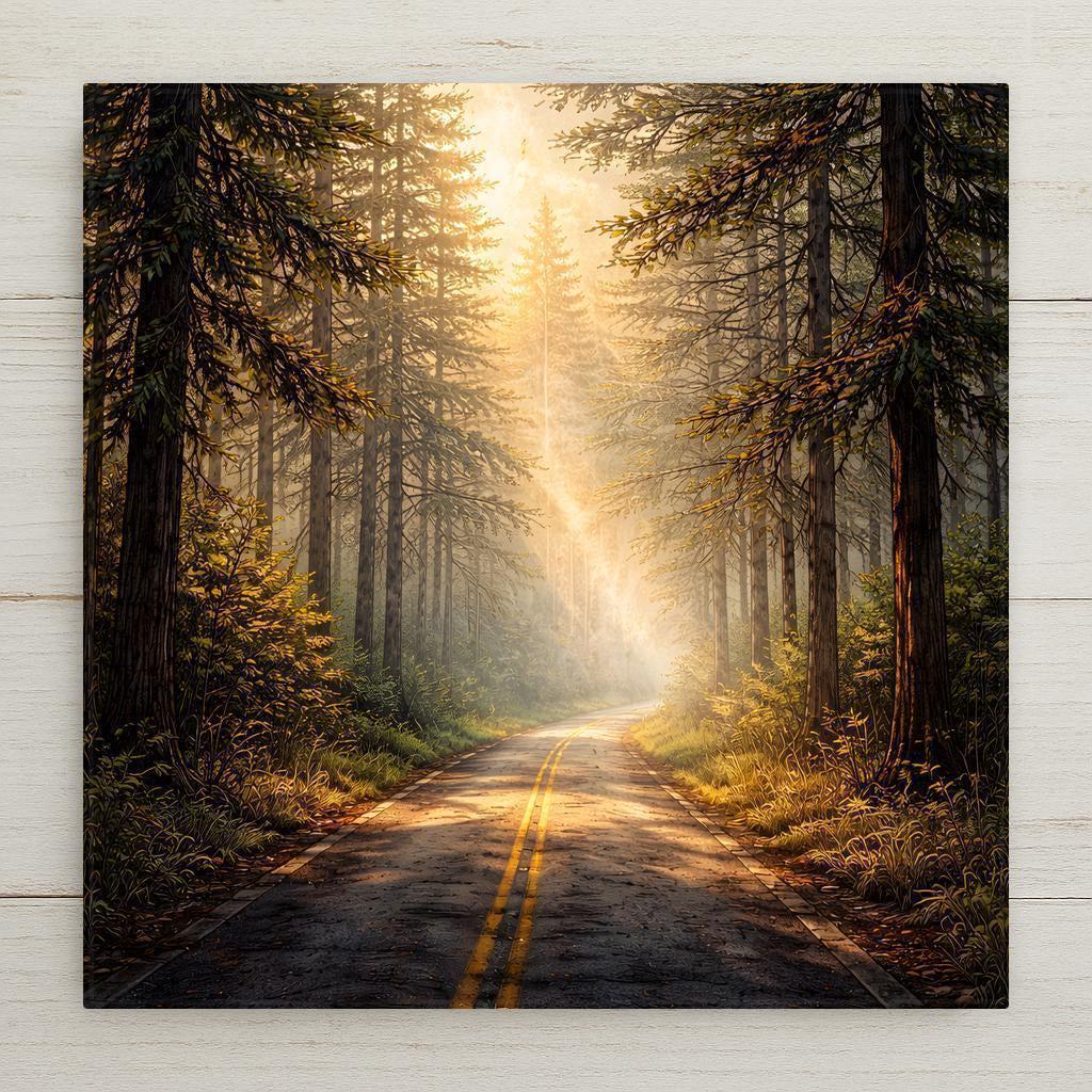 A forest path wall art ceramic tile showing a sunlit road winding through tall evergreen trees. Warm golden light filters through the woodland, creating a calm and reflective landscape scene. This stained glass–inspired design is a permanent print on ceramic tile, not real stained glass. Optional wall hanger, easel stand, cork backing, and premium frame options are available.