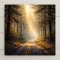 A forest path wall art ceramic tile showing a sunlit road winding through tall evergreen trees. Warm golden light filters through the woodland, creating a calm and reflective landscape scene. This stained glass–inspired design is a permanent print on ceramic tile, not real stained glass. Optional wall hanger, easel stand, cork backing, and premium frame options are available.