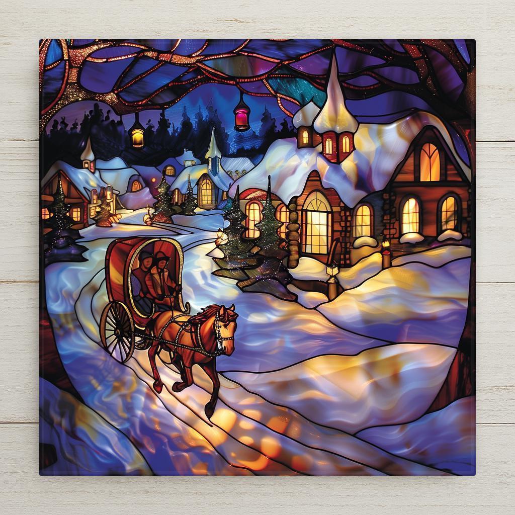 Stained glass style ceramic tile featuring a snowy village, glowing lanterns, and a horse-drawn sleigh. A perfect Christmas wall art piece or holiday gift, crafted with lasting, vibrant colors. Optional tile wall hanger, easel tile stand, or cork backing available.