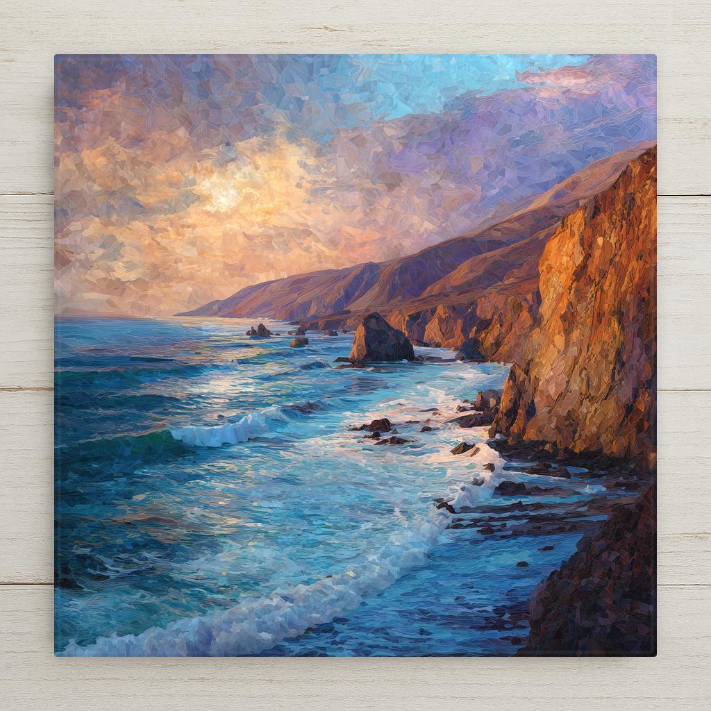 Big Sur California coastal ceramic tile wall art featuring dramatic ocean cliffs along the Pacific Coast Highway. Stylized stained glass–inspired seascape with rolling blue waves, rocky shoreline, and warm sunset tones. This is a flat, permanent print on ceramic tile, not real stained glass or mosaic. Ideal for coastal wall decor, California home decor, or scenic ocean art. Optional wall hanger, easel stand, cork backing, and premium frame available.