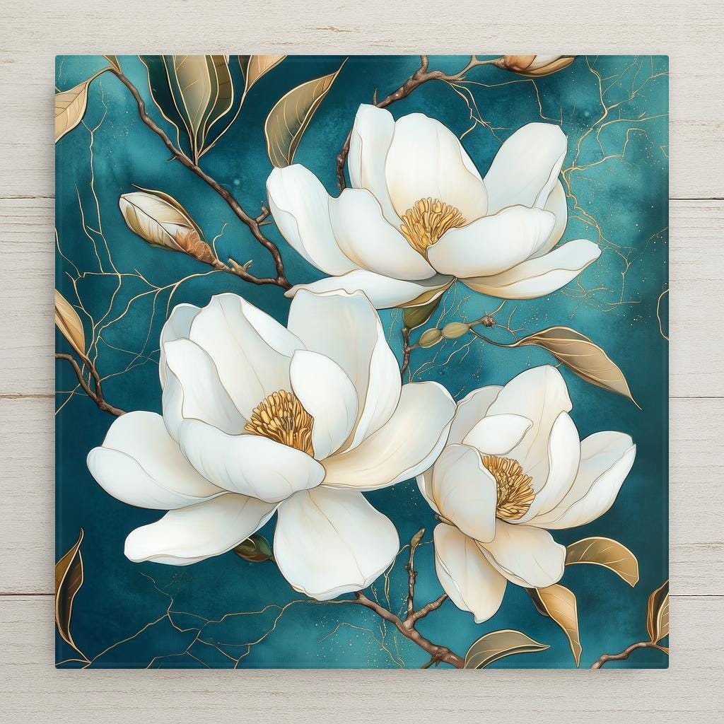 Magnolia ceramic tile wall art showing white magnolia blossoms with gold-lined petals and gold-veined branches on a deep teal watercolor background, elegant floral decor