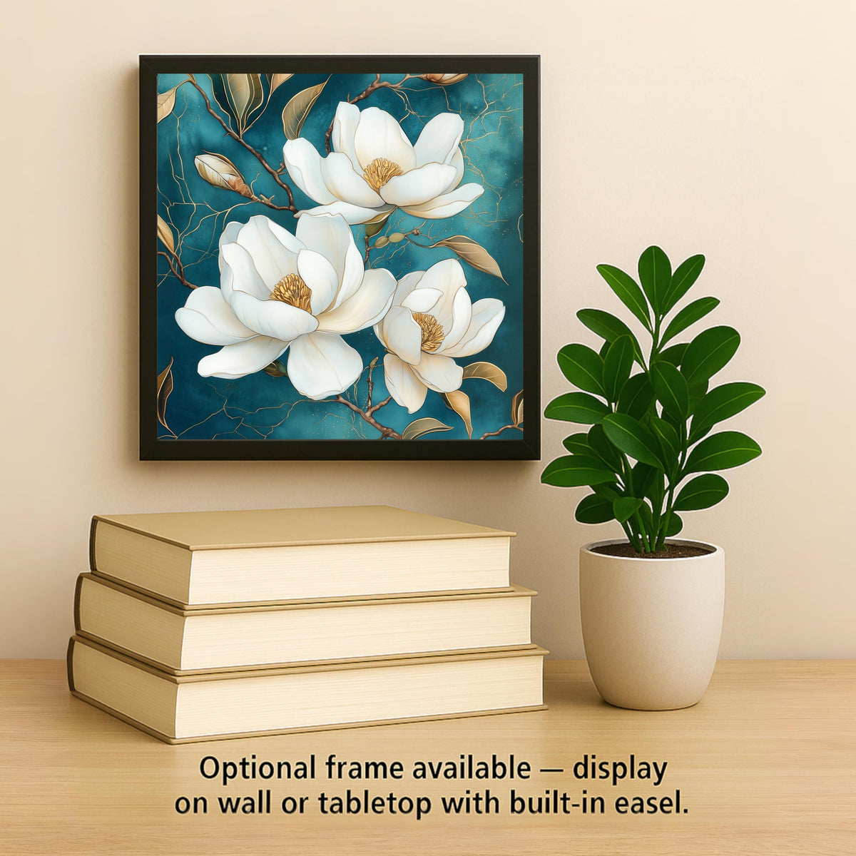 Magnolia Wall Art Ceramic Tile Teal and Gold Floral Decor White Magnolia Flower Tile Elegant Bedroom Floral Nature Art