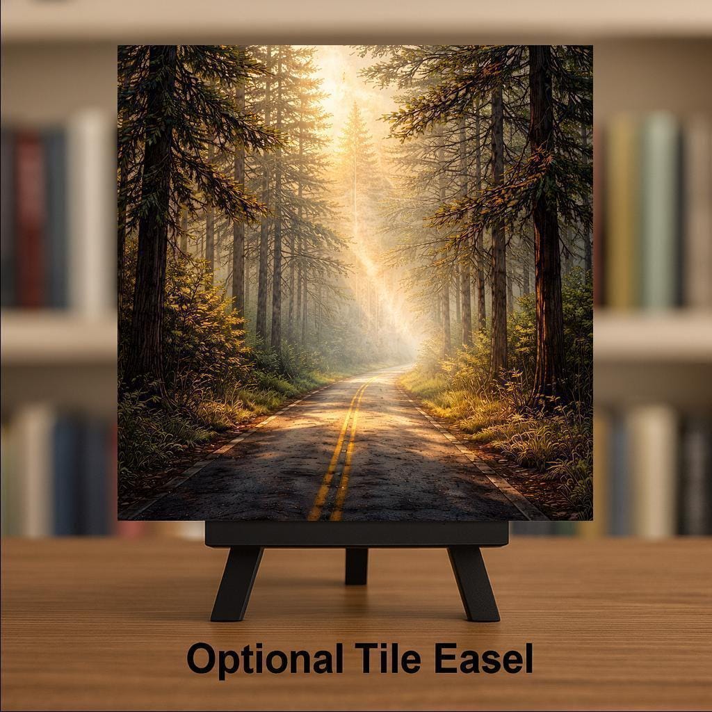 Forest Path Landscape Wall Art Ceramic Tile – Sunlit Woodland Road, Nature Inspired Home Decor