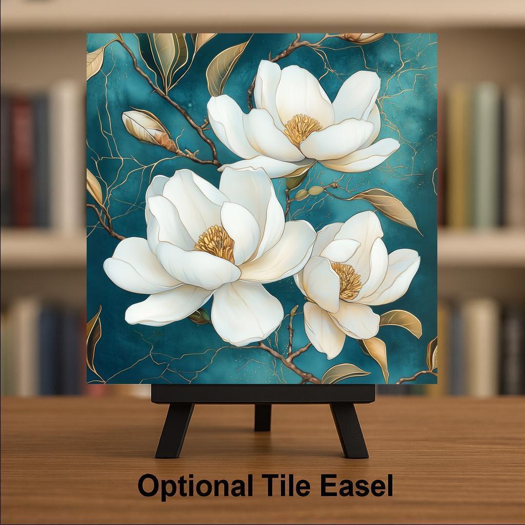 Magnolia Wall Art Ceramic Tile Teal and Gold Floral Decor White Magnolia Flower Tile Elegant Bedroom Floral Nature Art