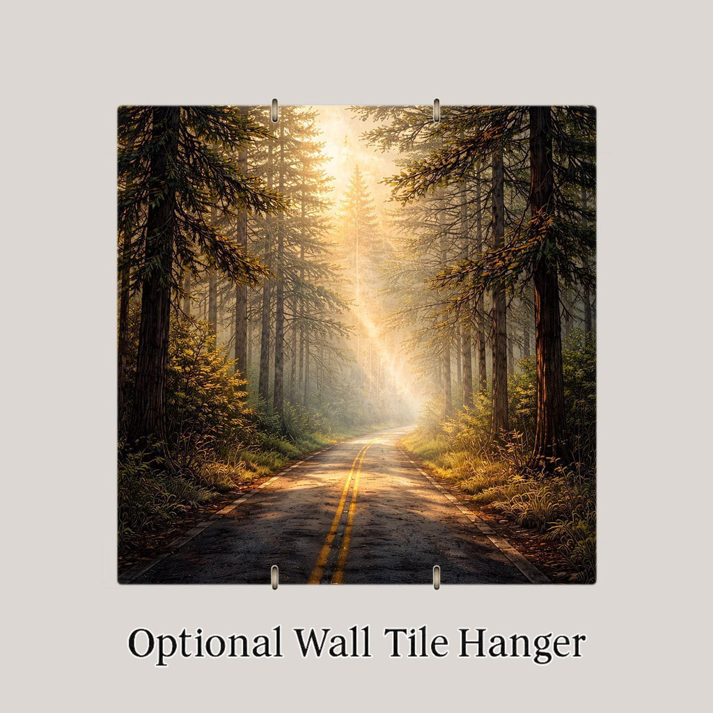 Forest Path Landscape Wall Art Ceramic Tile – Sunlit Woodland Road, Nature Inspired Home Decor