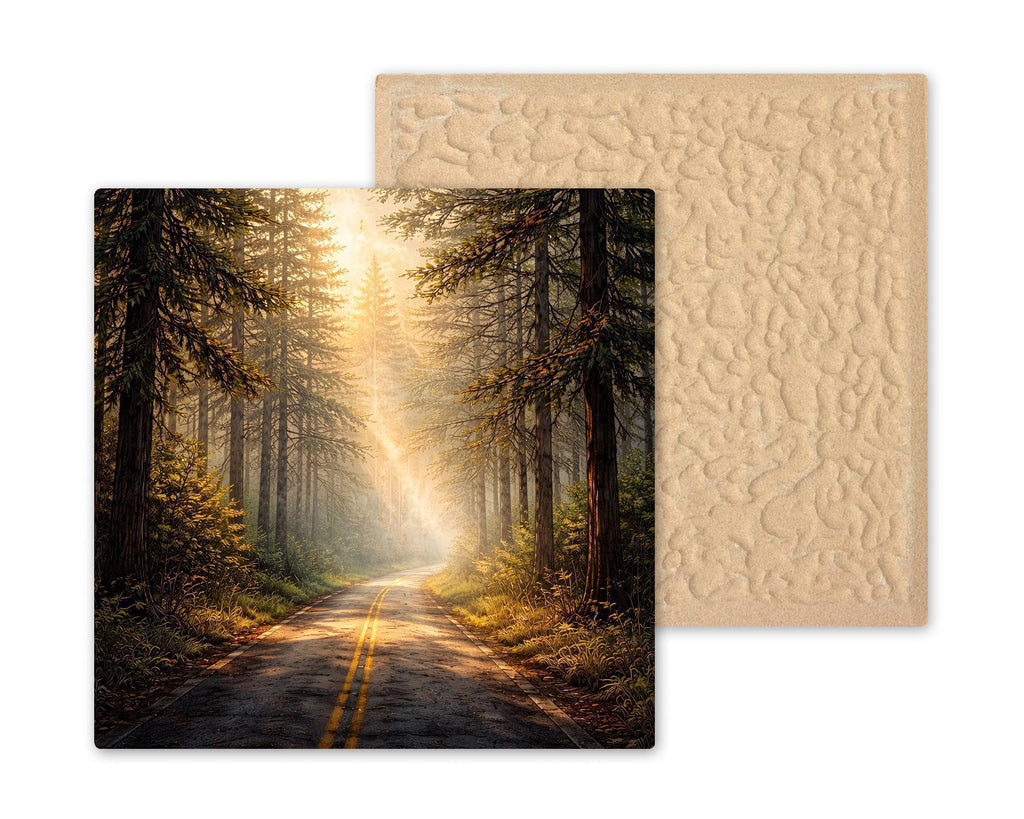 Forest Path Landscape Wall Art Ceramic Tile – Sunlit Woodland Road, Nature Inspired Home Decor
