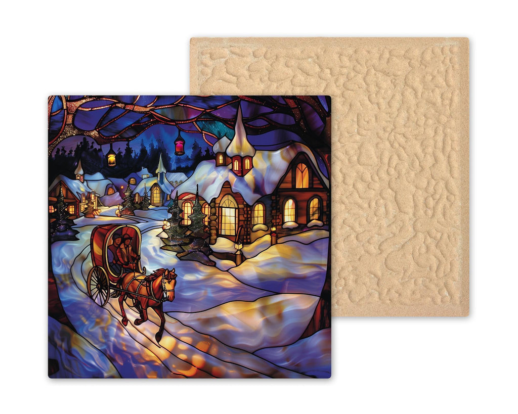 Winter Village Wall Art Ceramic Tile Christmas Gift Holiday Decor Sleigh Ride Art Snowy Scene Gift Tile