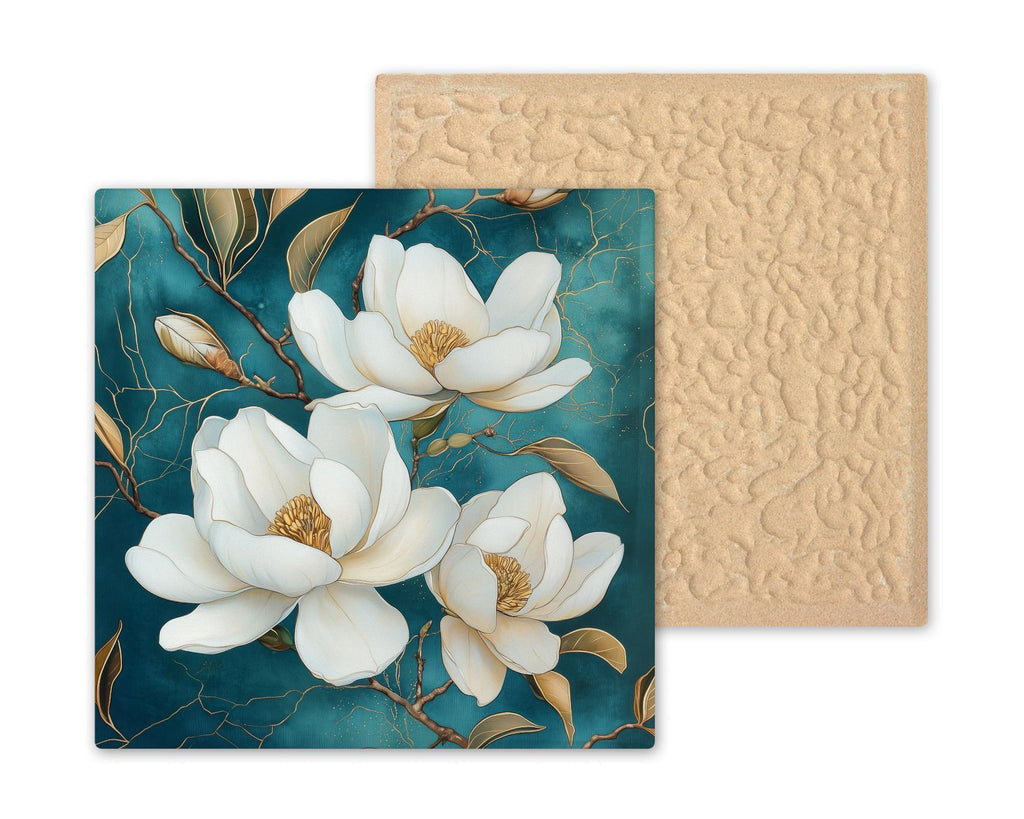 Magnolia Wall Art Ceramic Tile Teal and Gold Floral Decor White Magnolia Flower Tile Elegant Bedroom Floral Nature Art
