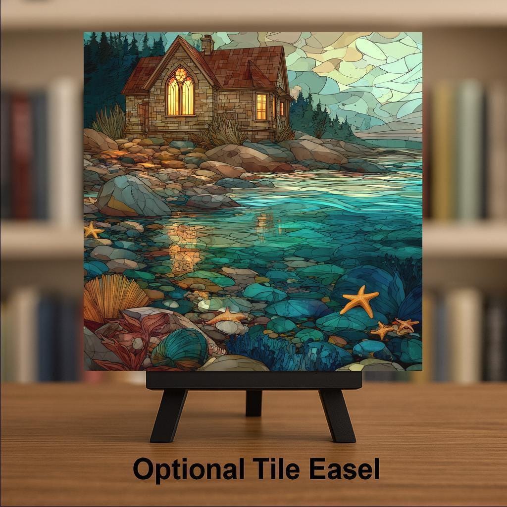 Coastal Cottage Ceramic Art Tile – Stained Glass Style Tide Pool Wall Decor, Seaside Beach Lover Gift