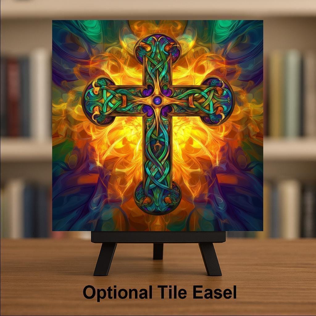 Celtic Cross Knotwork Ceramic Art Tile – Stained Glass Style, Irish Heritage Gift, Christian Faith Art Decor