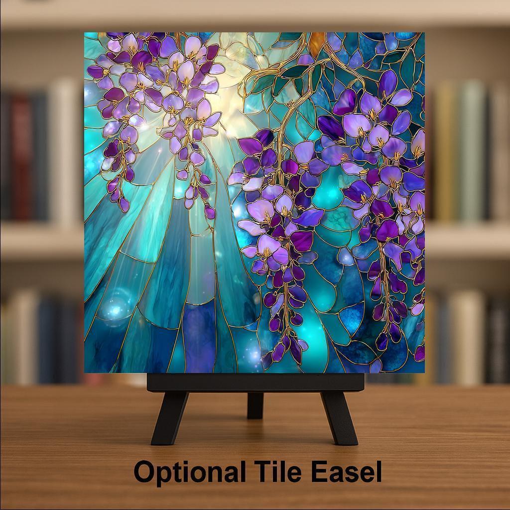 Wisteria Wall Art Ceramic Tile Stained Glass Style Purple Floral Gift Garden Decor Botanical Nature Wisteria Lover Art