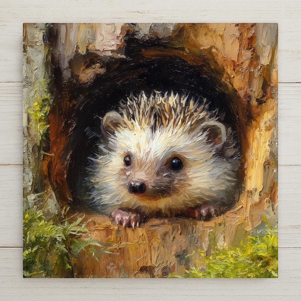 A sweet hedgehog peeks from a woodland tree hollow in this charming ceramic tile wall art. Perfect for rustic, farmhouse, and woodland home decor. Optional tile wall hanger, easel tile stand, cork backing, and premium frame available. Printed permanently on tile; not real stained glass.
