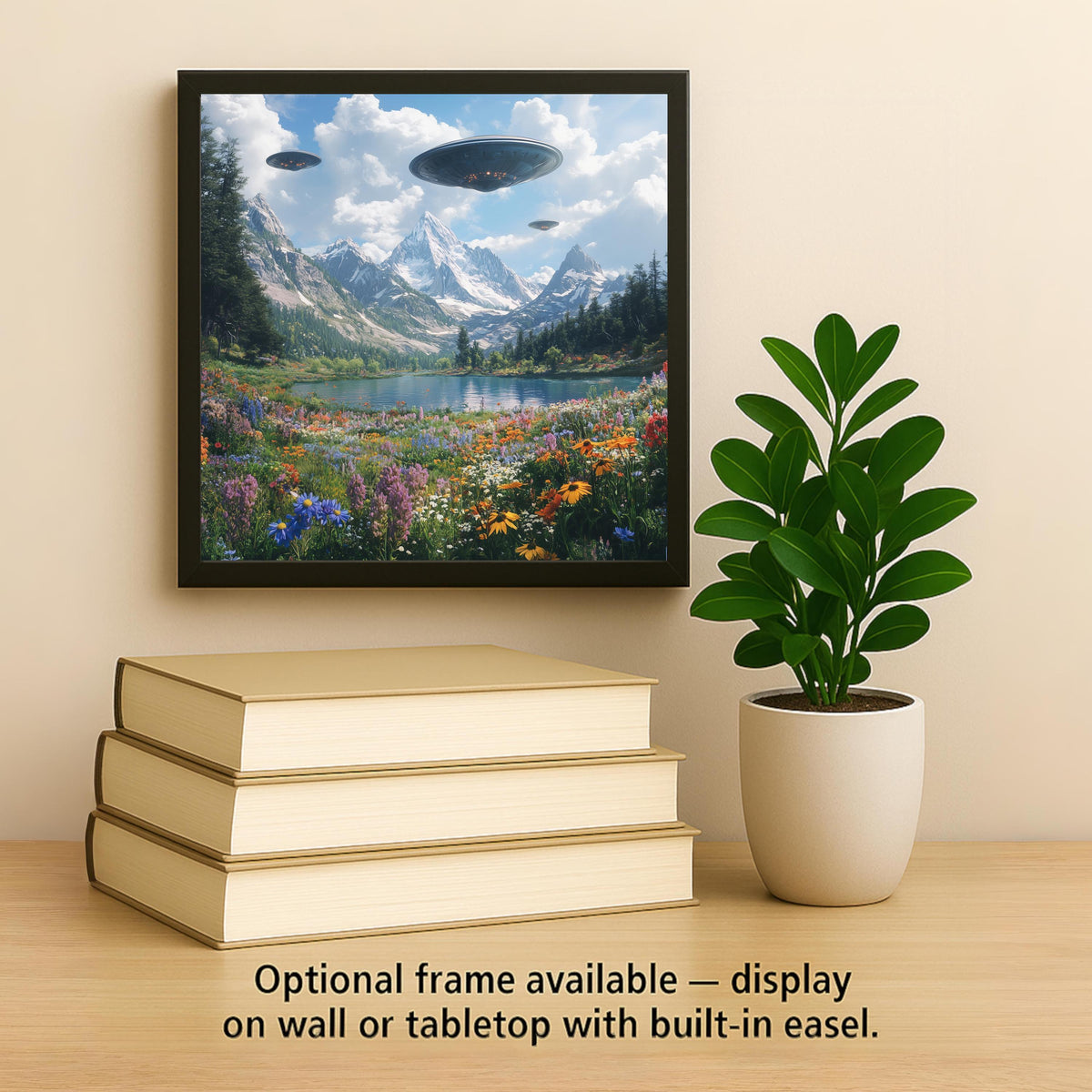 Surreal Mountain Wall Art Ceramic Tile UFO Gift Wildflower Decor Alien Cottagecore Art Quirky Home Gift Tile