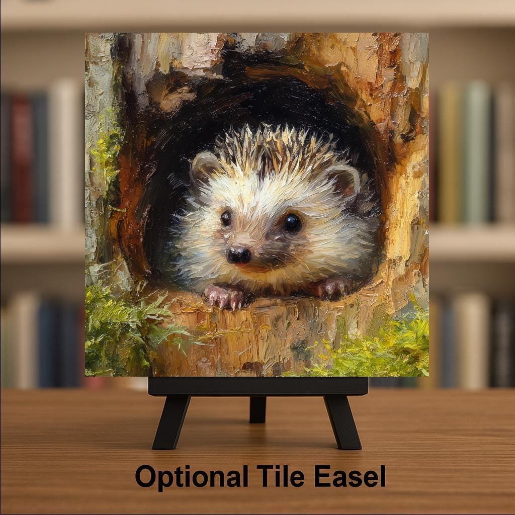 Hedgehog Ceramic Tile Wall Art – Woodland Home Decor, Stained Glass Style Forest Animal Wall Decor, Nature Lover Gift, Rustic Wall Art