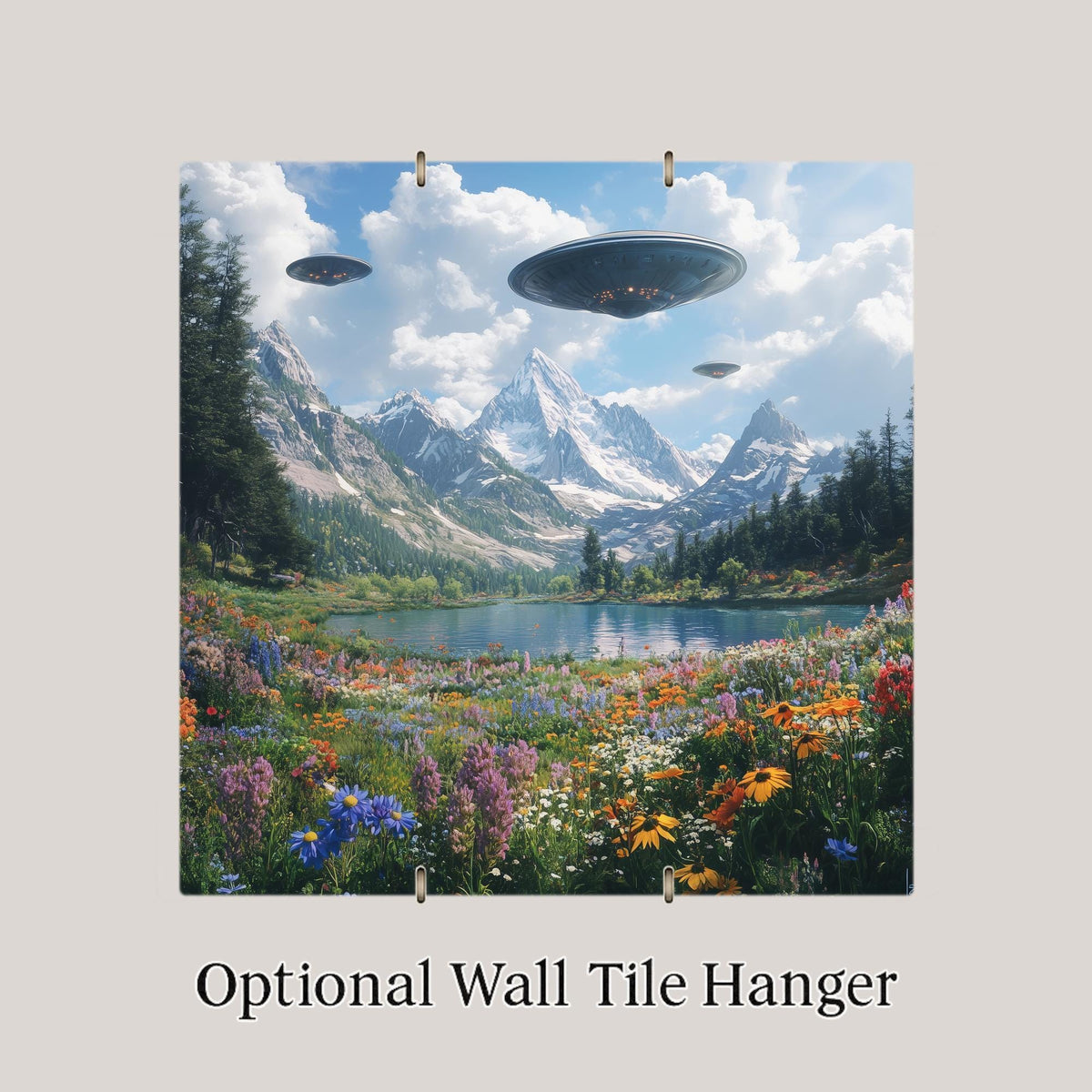 Surreal Mountain Wall Art Ceramic Tile UFO Gift Wildflower Decor Alien Cottagecore Art Quirky Home Gift Tile
