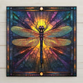 Dragonfly ceramic tile in glowing stained glass galaxy style. Rich purples and gold tones create radiant nature decor. Perfect for spiritual homes, Art Nouveau lovers, and symbolic gifts. Glossy ceramic finish enhances detail. Ideal for meaningful wall art.