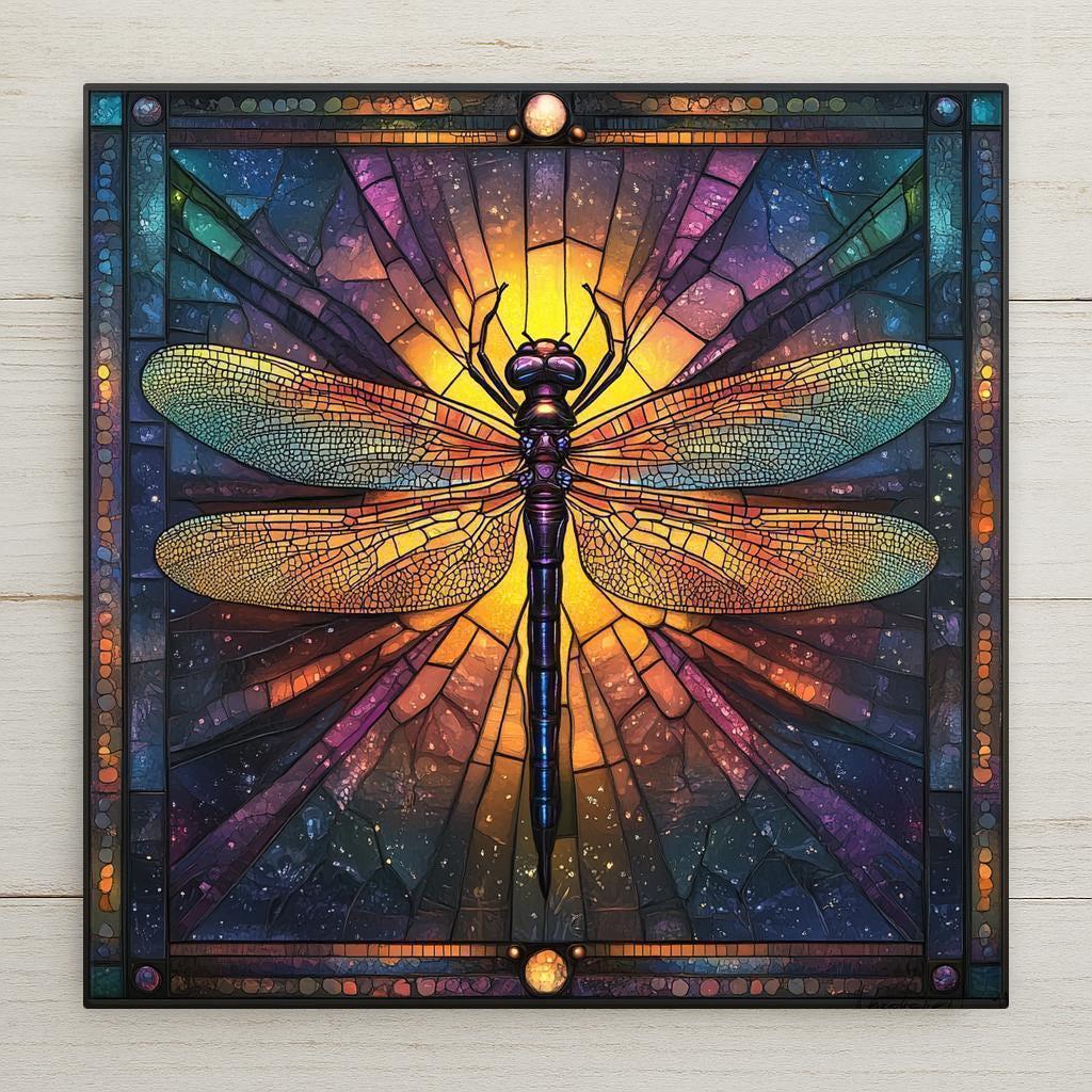 Dragonfly ceramic tile in glowing stained glass galaxy style. Rich purples and gold tones create radiant nature decor. Perfect for spiritual homes, Art Nouveau lovers, and symbolic gifts. Glossy ceramic finish enhances detail. Ideal for meaningful wall art.