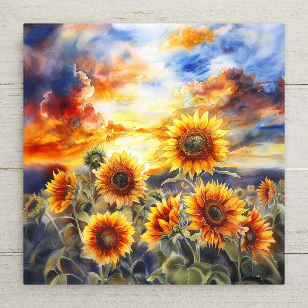 Sunflower ceramic tile art with bold watercolor sunset. Bright, floral wall décor for kitchen, hallway, or garden-themed home. Uplifting gift.