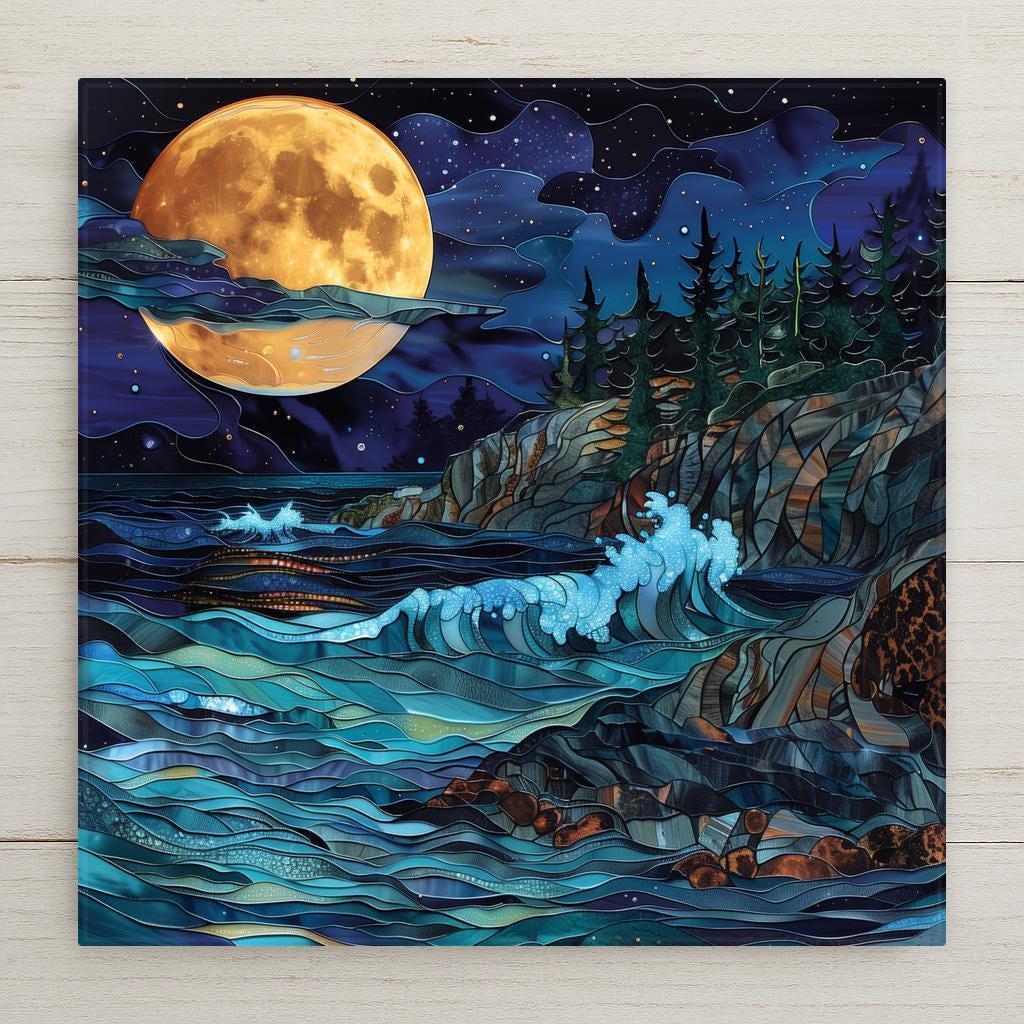 Stained glass style ceramic tile featuring a dramatic full moon over a rugged coastal cliff. Layered teal and sapphire waves crash against rocks below while the golden moon reflects across the ocean surface. Moody night seascape wall art in jewel tones with strong contrast and depth.