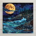 Stained glass style ceramic tile featuring a dramatic full moon over a rugged coastal cliff. Layered teal and sapphire waves crash against rocks below while the golden moon reflects across the ocean surface. Moody night seascape wall art in jewel tones with strong contrast and depth.