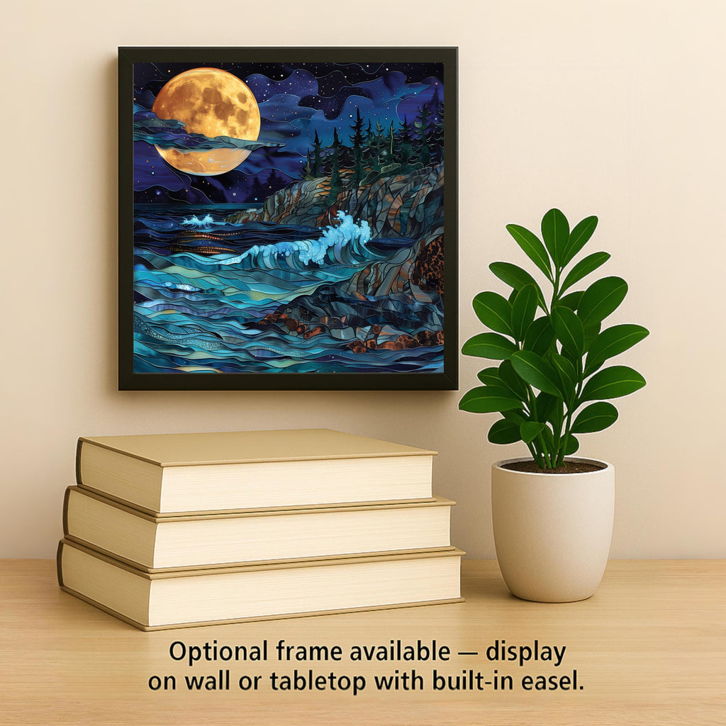 Full Moon Coastal Wall Art Ceramic Tile – Moody Night Ocean Decor – Dramatic Moonlit Seascape – Beach House Home Decor
