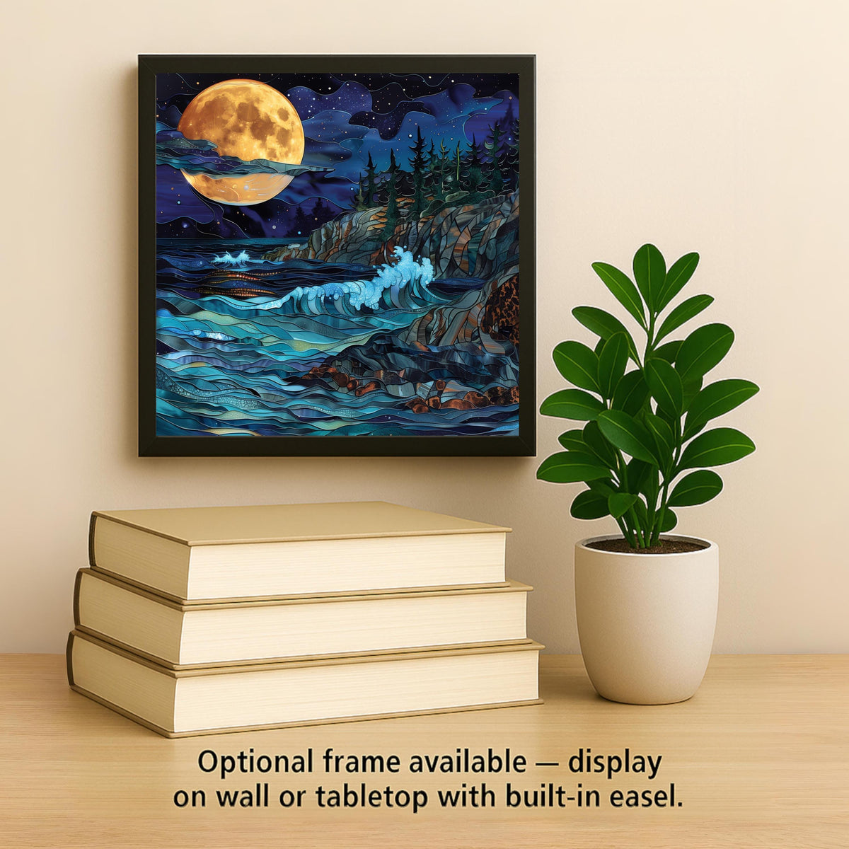 Full Moon Coastal Wall Art Ceramic Tile – Moody Night Ocean Decor – Dramatic Moonlit Seascape – Beach House Home Decor