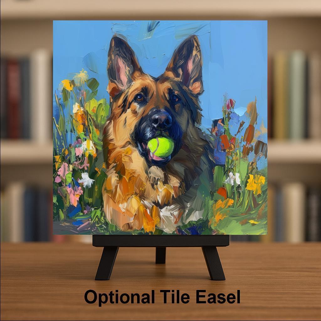German Shepherd Dog Painting Ceramic Art Tile – Colorful Pet Wall Decor, Playful Dog Lover
