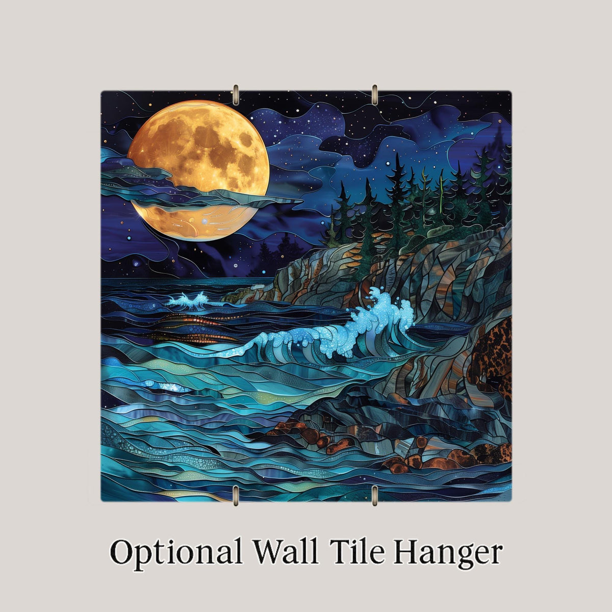 Full Moon Coastal Wall Art Ceramic Tile – Moody Night Ocean Decor – Dramatic Moonlit Seascape – Beach House Home Decor