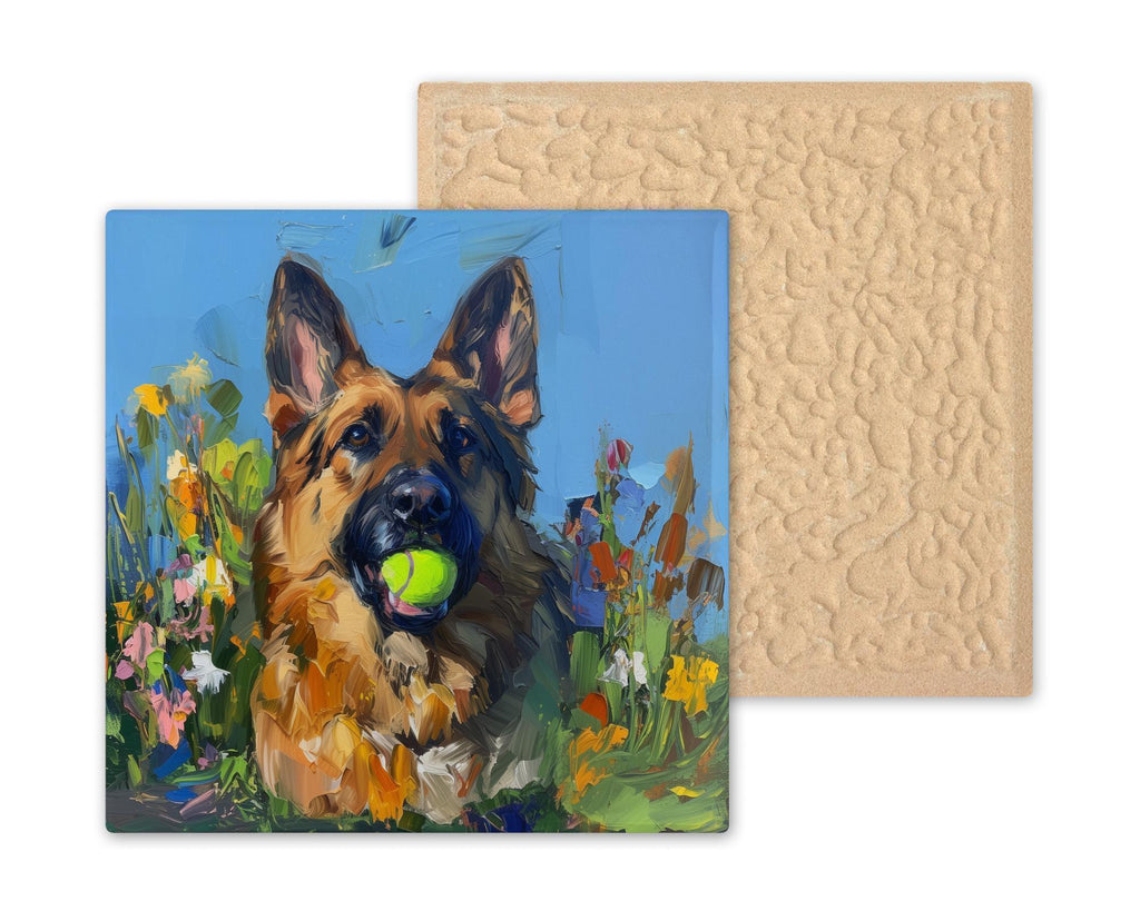 German Shepherd Dog Painting Ceramic Art Tile – Colorful Pet Wall Decor, Playful Dog Lover
