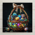 Luxury stained glass style Easter basket filled with jewel tone eggs against a dark background, elegant spring ceramic tile wall art.