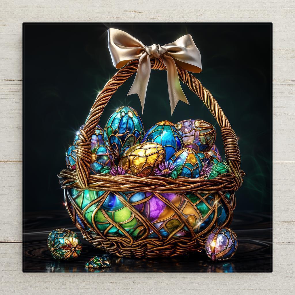 Luxury stained glass style Easter basket filled with jewel tone eggs against a dark background, elegant spring ceramic tile wall art.