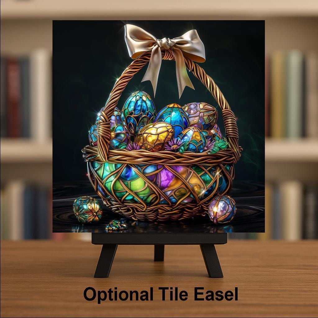 Luxury Easter Basket Wall Art Ceramic Tile Stained Glass Style Jewel Tone Decor Elegant Spring Christian Gift Tile