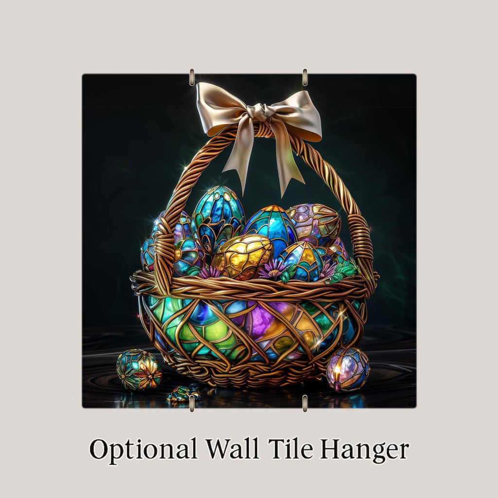 Luxury Easter Basket Wall Art Ceramic Tile Stained Glass Style Jewel Tone Decor Elegant Spring Christian Gift Tile