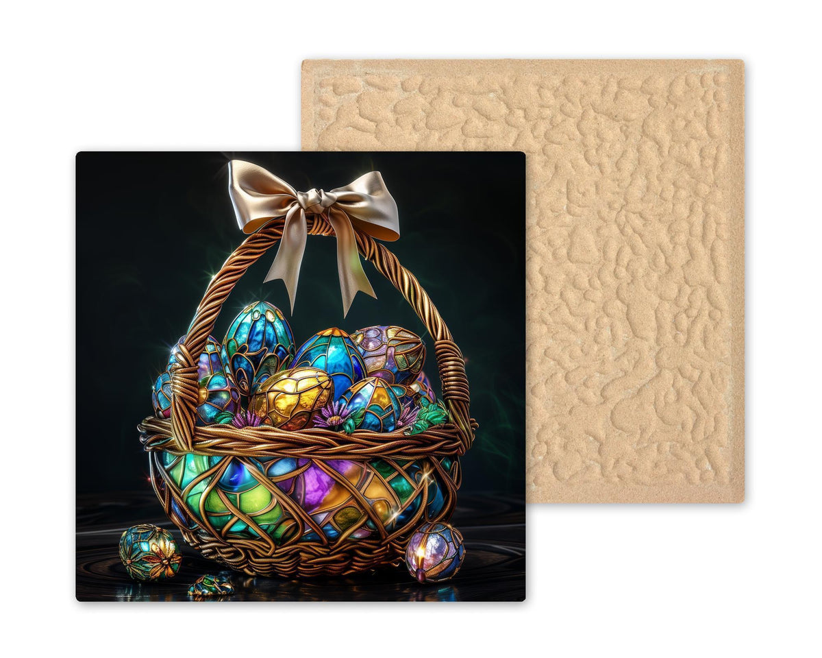Luxury Easter Basket Wall Art Ceramic Tile Stained Glass Style Jewel Tone Decor Elegant Spring Christian Gift Tile