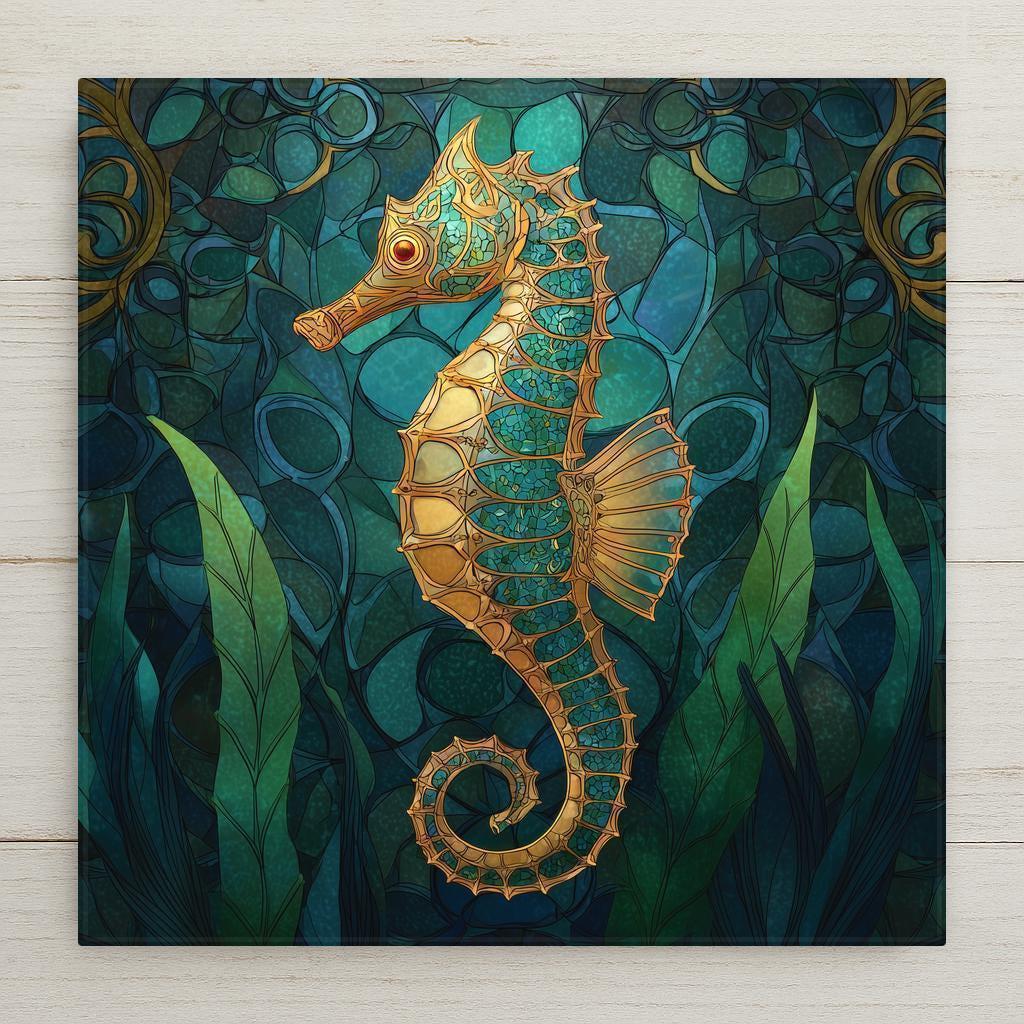 Golden seahorse in a stained glass-style ocean scene. Permanent sublimation print on ceramic (not real glass). Optional premium frame, wall hanger, easel stand, or cork backing. A luminous ocean-inspired art piece for coastal décor lovers.