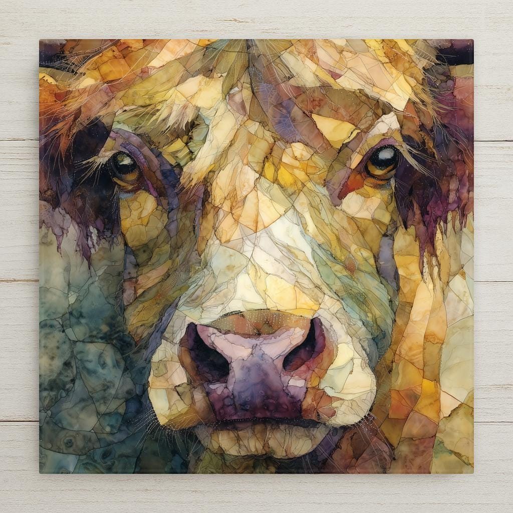 Highland cow ceramic tile wall art decor featuring a rustic stained glass style animal portrait in warm farmhouse colors. Decorative ceramic tile designed for wall decor or shelf display, perfect for country home decor, farmhouse interiors, and animal art lovers.