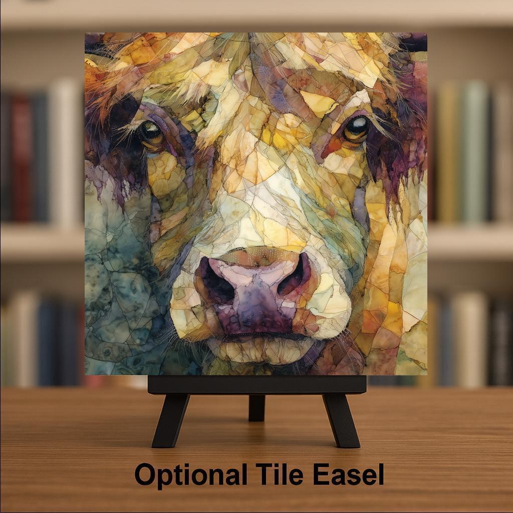 Highland Cow Ceramic Art Tile – Stained Glass Style Farmhouse Wall Decor, Rustic Country Animal Lover Gift