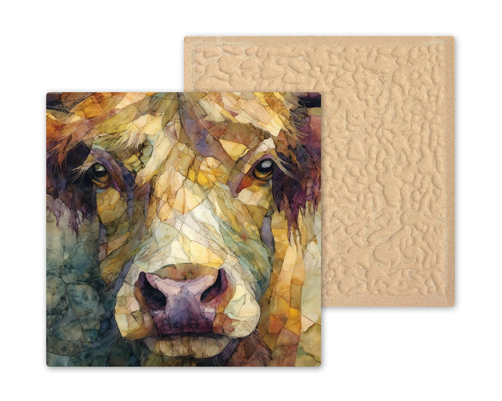 Highland Cow Ceramic Art Tile – Stained Glass Style Farmhouse Wall Decor, Rustic Country Animal Lover Gift