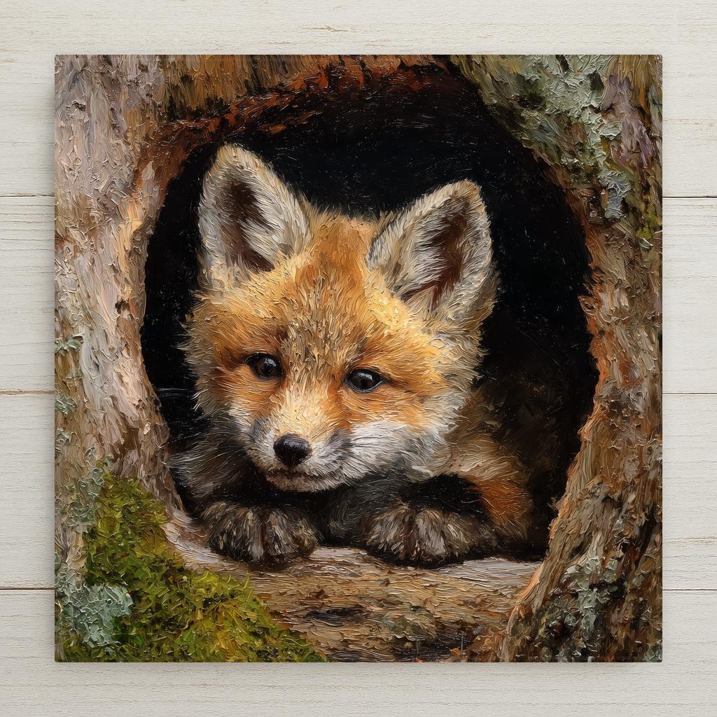 Adorable baby fox ceramic tile with warm woodland colors and rustic forest charm. Perfect for wall art, home decor, cabin decor, or nursery rooms. Optional tile wall hanger, easel stand, cork backing, and premium dual-use frame available.