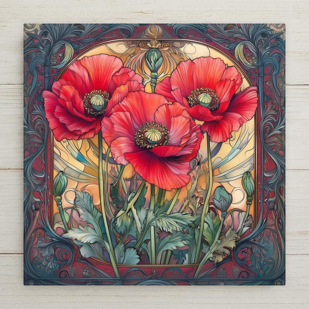 Art Nouveau style ceramic art tile of red field poppies in an ornate decorative border with scrolling foliage — an August birth flower and vintage floral wall decor.