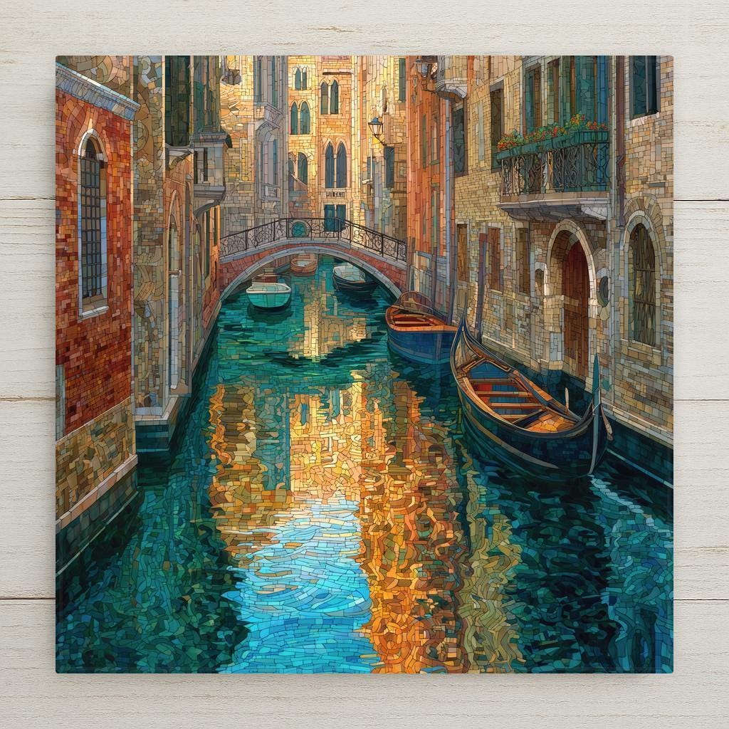 Venice Canal ceramic tile wall art featuring a stained glass–style gondola scene in Italy. A romantic European travel décor piece inspired by Venetian architecture and shimmering canal reflections. This is a permanent high-resolution print on ceramic tile, not real stained glass or mosaic. Optional wall hanger, cork backing, easel stand, or premium frame available.