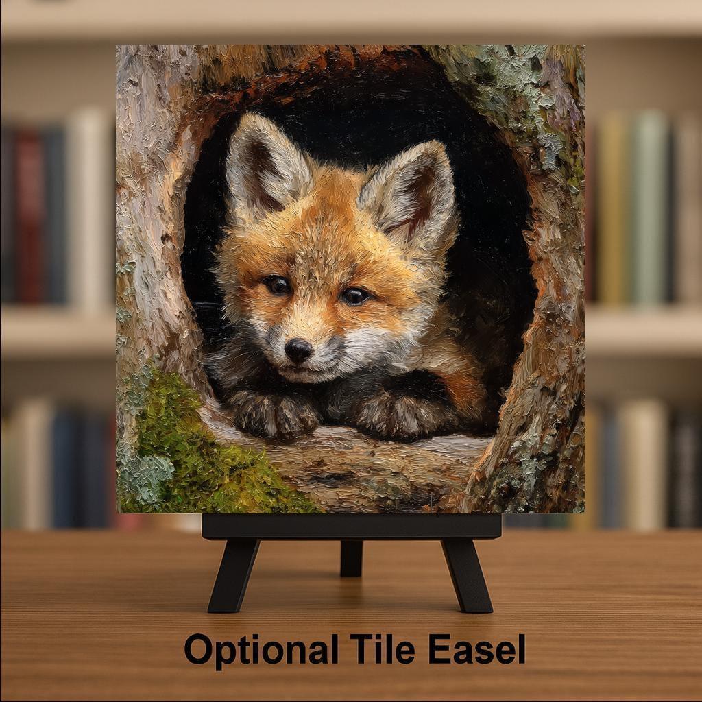 Baby Fox Stained Glass Style Ceramic Art Tile – Woodland Nursery Wall Decor, Rustic Forest Nature Gift